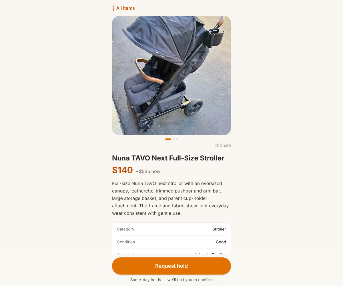 A live RadResale item page with a stroller photo gallery, price, condition information, and a Request hold button.