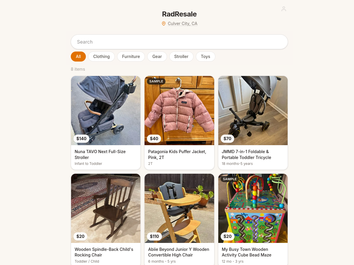 The live RadResale demo shop, where customers could search a compact catalog of real one-of-one inventory.